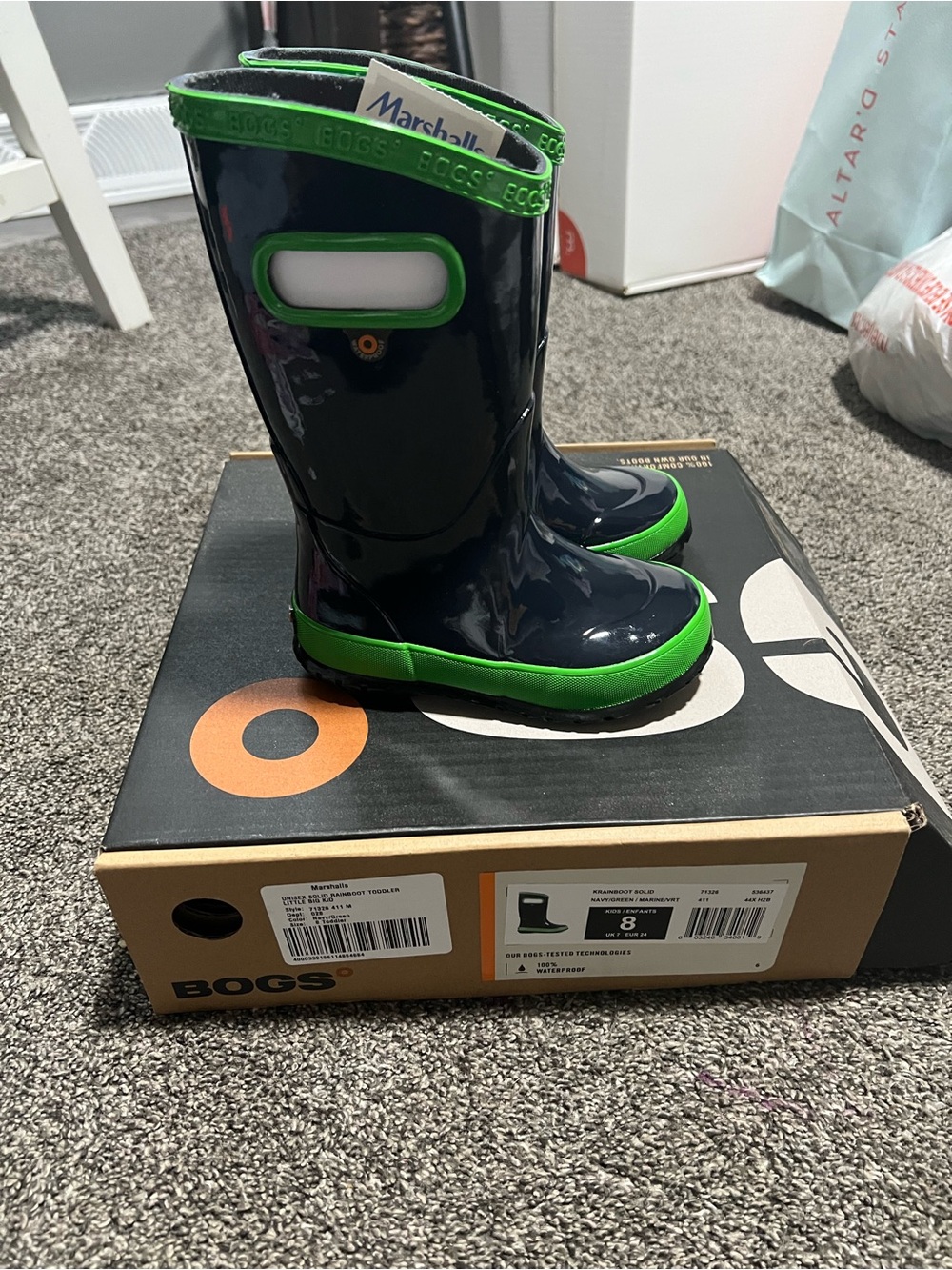 Bogs Kids Navy Rain Boots with Bright Green Trim